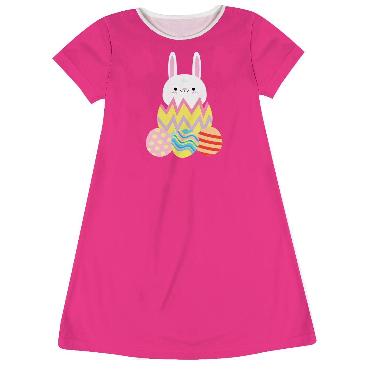 Bunny And Easter Eggs Name Hot Pink Short Sleeve  A Line Dress - Wimziy&Co.
