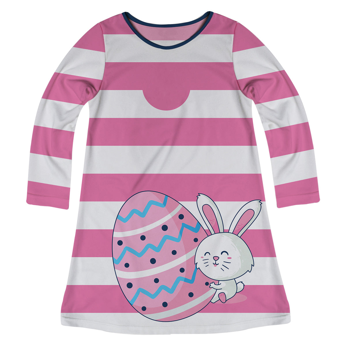Bunny Easter Egg Monogram Pink and White Stripes Long Sleeve A Line Dress - Wimziy&Co.