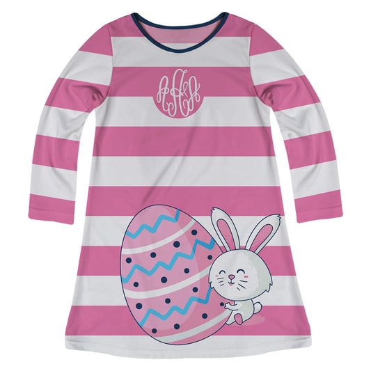Bunny Easter Egg Monogram Pink and White Stripes Long Sleeve A Line Dress - Wimziy&Co.