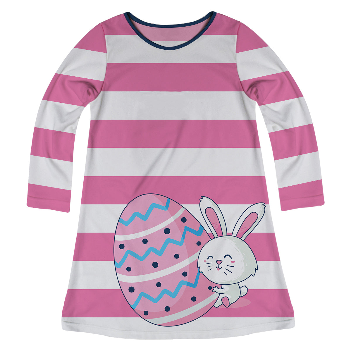 Bunny Easter Egg Monogram Pink and White Stripes Long Sleeve A Line Dress - Wimziy&Co.
