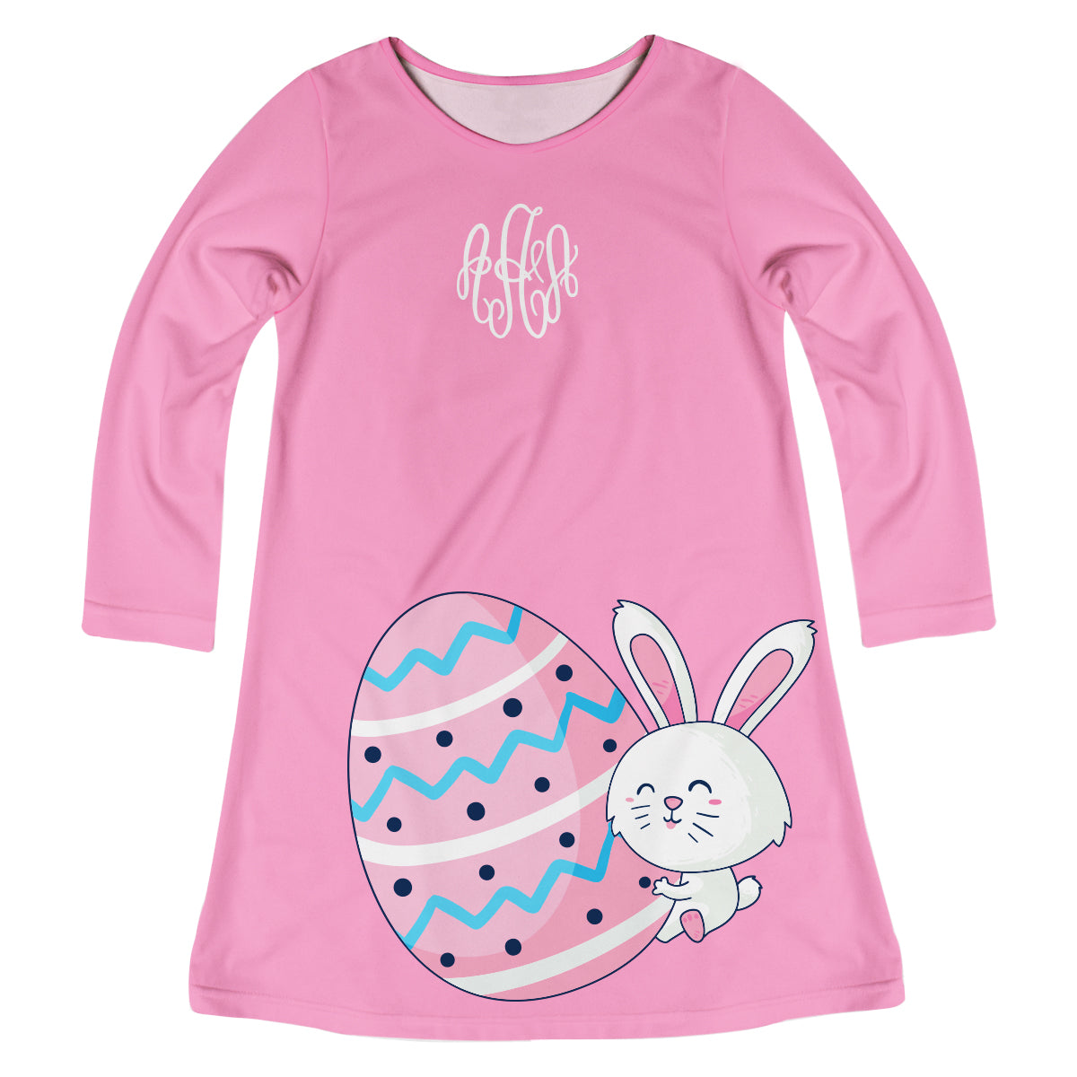 Bunny Easter Egg Monogram Pink Long Sleeve A Line Dress - Wimziy&Co.