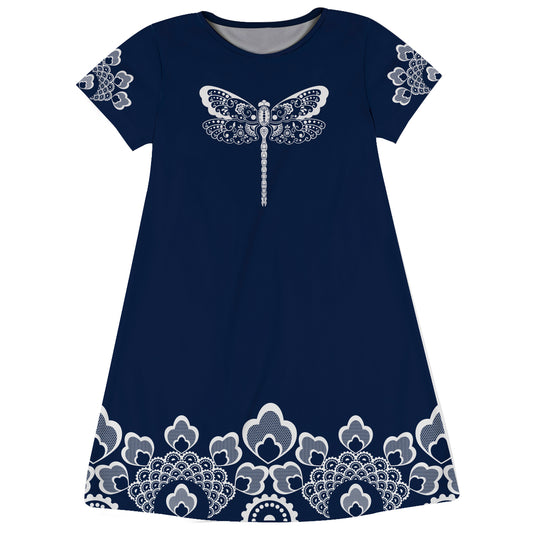 Dragonfly Navy Short Sleeve A Line Dress - Wimziy&Co.