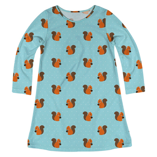 Squirrel Print Light Blue Long Sleeve A Line Dress - Wimziy&Co.