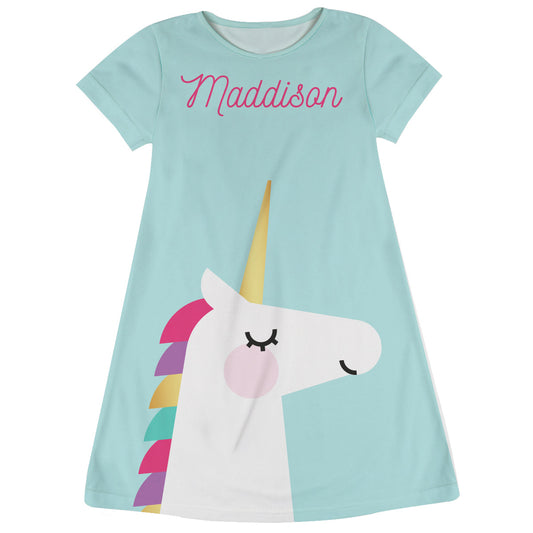 Light blue and white unicorn a line dress with name - Wimziy&Co.