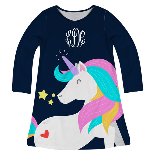 Unicorn Monogram Navy Long Sleeve A Line Dress - Wimziy&Co.