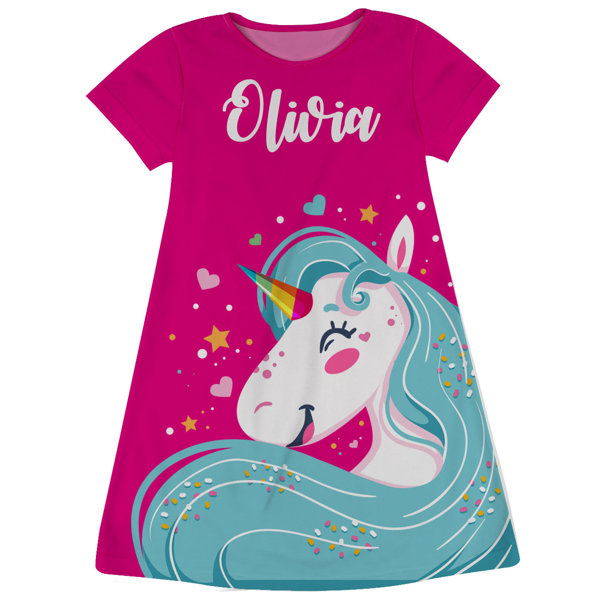 Hot pink and aqua big unicorn girls a line dress with name - Wimziy&Co.
