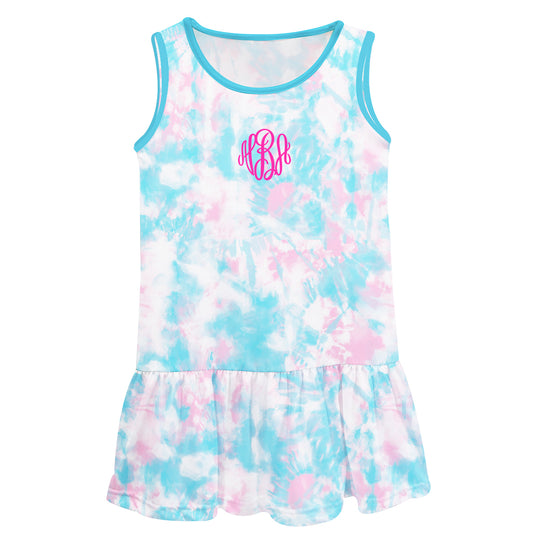 Tie Dye Monogram Turquoise and Pink Sleeveless Lily Dress - Wimziy&Co.