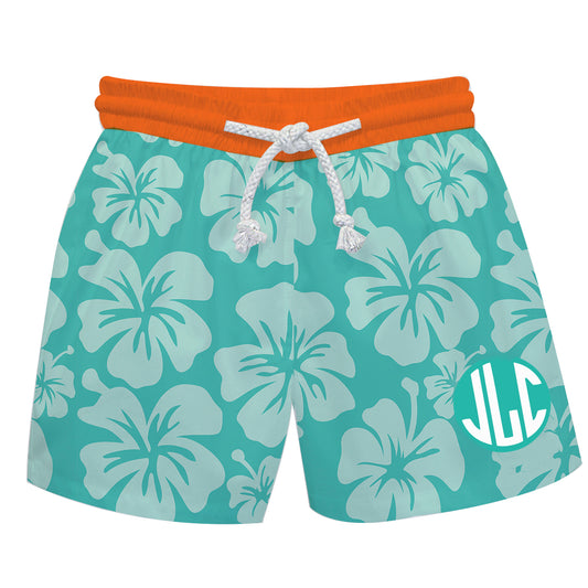 Hawaiian Flowers Print Monogram Aqua Swimtrunk