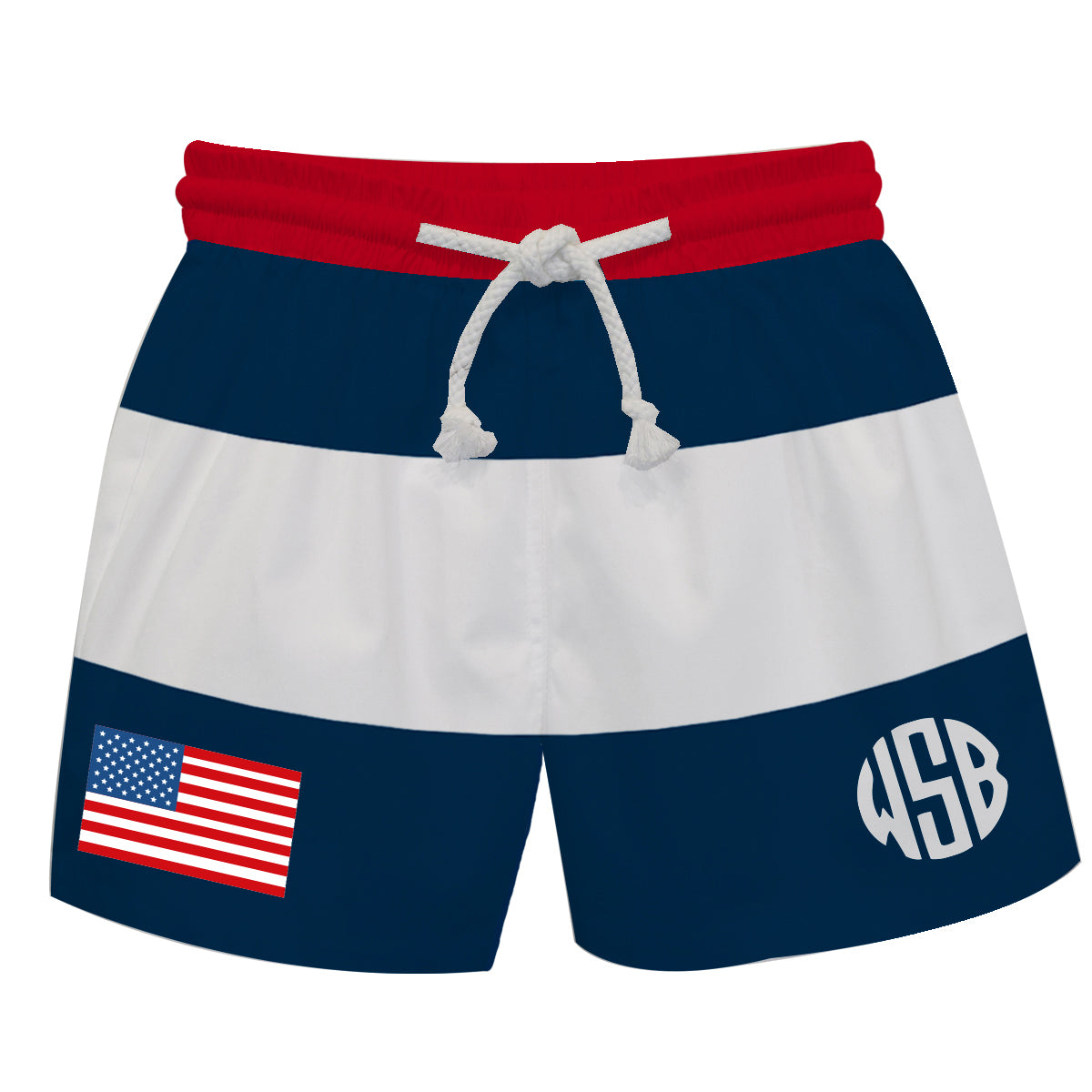 USA Flag Monogram Navy And White Stripes Swimtrunk - Wimziy&Co.