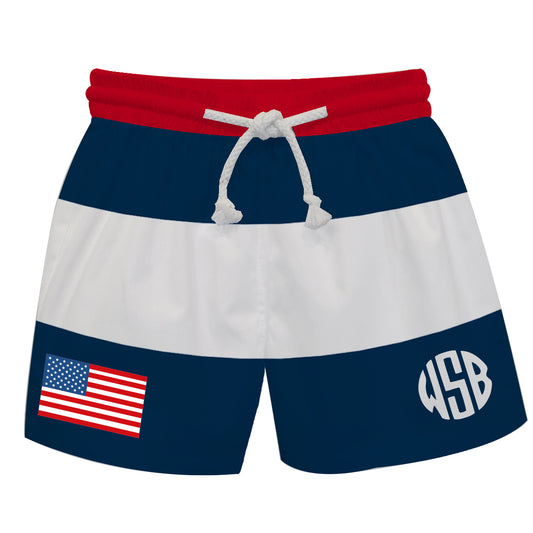 USA Flag Monogram Navy And White Stripes Swimtrunk - Wimziy&Co.