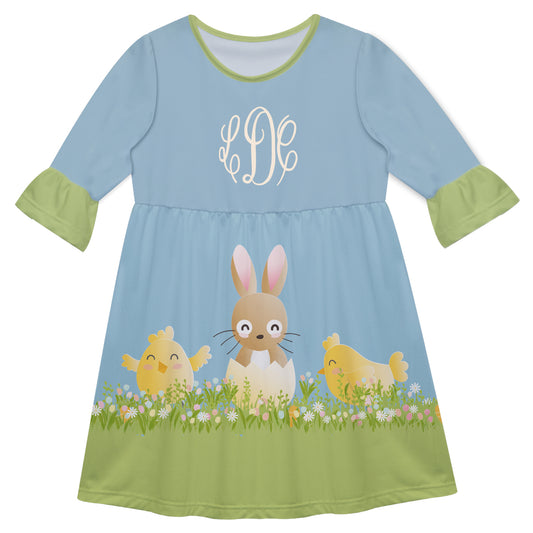 Bunny and Chicks Monogram Green and Light Blue Amy Dress Three Quarter Sleeve - Wimziy&Co.