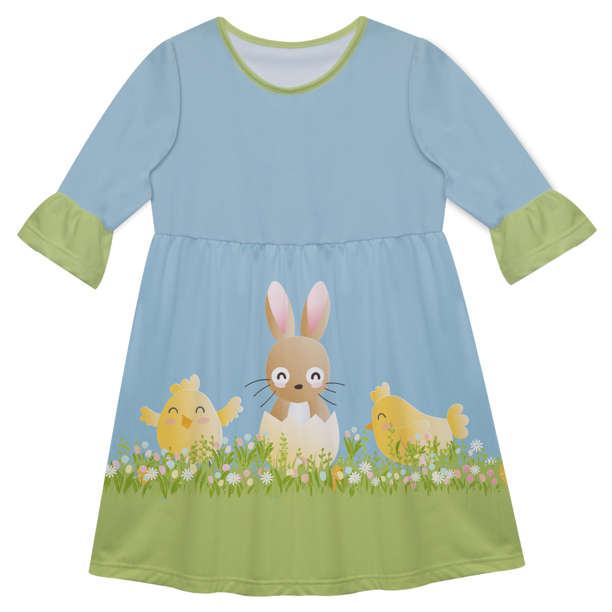 Bunny and Chicks Monogram Green and Light Blue Amy Dress Three Quarter Sleeve - Wimziy&Co.