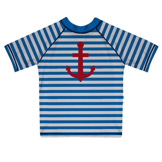Anchor Blue and White Stripes Short Sleeve Rash Guard - Wimziy&Co.
