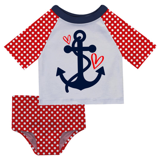 Anchor Hearts White and Red Polka Dots 2pc Short Sleeve Rash Guard - Wimziy&Co.