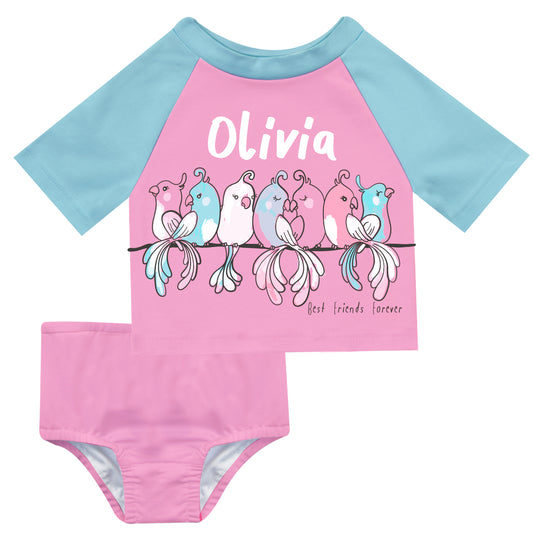 Birds Name Pink and Light Blue 2pc Short Sleeve Rash Guard - Wimziy&Co.