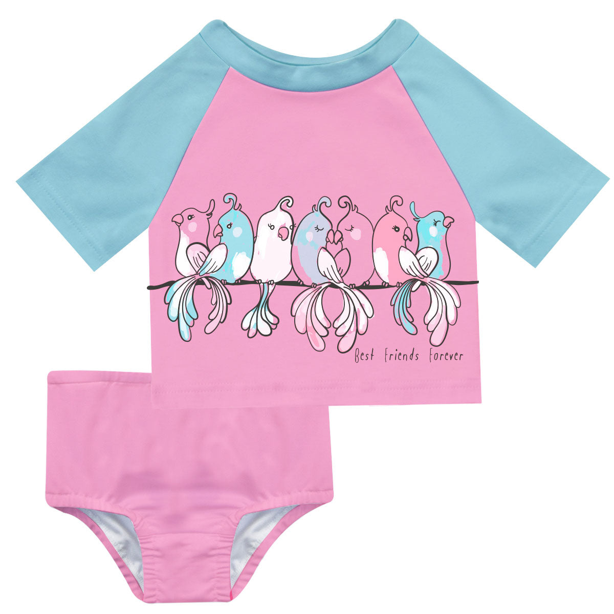 Birds Name Pink and Light Blue 2pc Short Sleeve Rash Guard - Wimziy&Co.