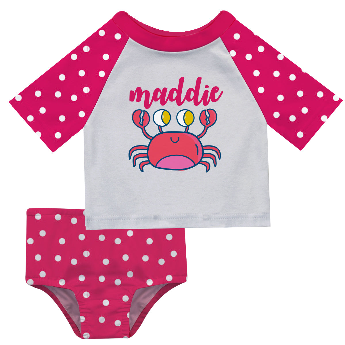 Crab Name White and Hot Pink Polka Dots 2pc Short Sleeve Rashguards - Wimziy&Co.