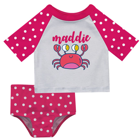 Crab Name White and Hot Pink Polka Dots 2pc Short Sleeve Rashguards - Wimziy&Co.