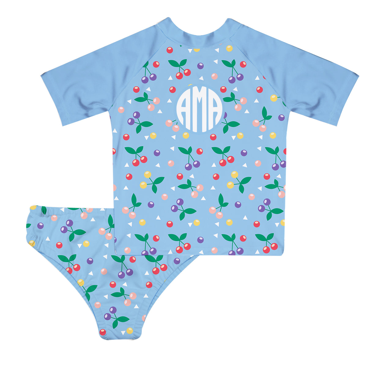Cherries Print Monogram Light Blue 2pc Short Sleeve Rash Guard - Wimziy&Co.
