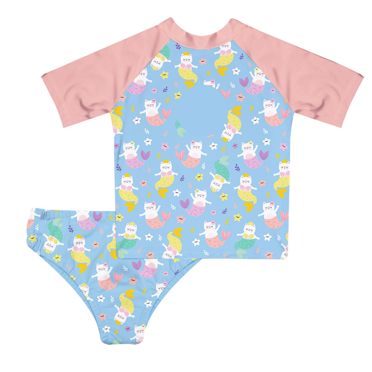 Catmermaid Monogram Light Blue and Coral 2pc Short Sleeve Rash Guard - Wimziy&Co.