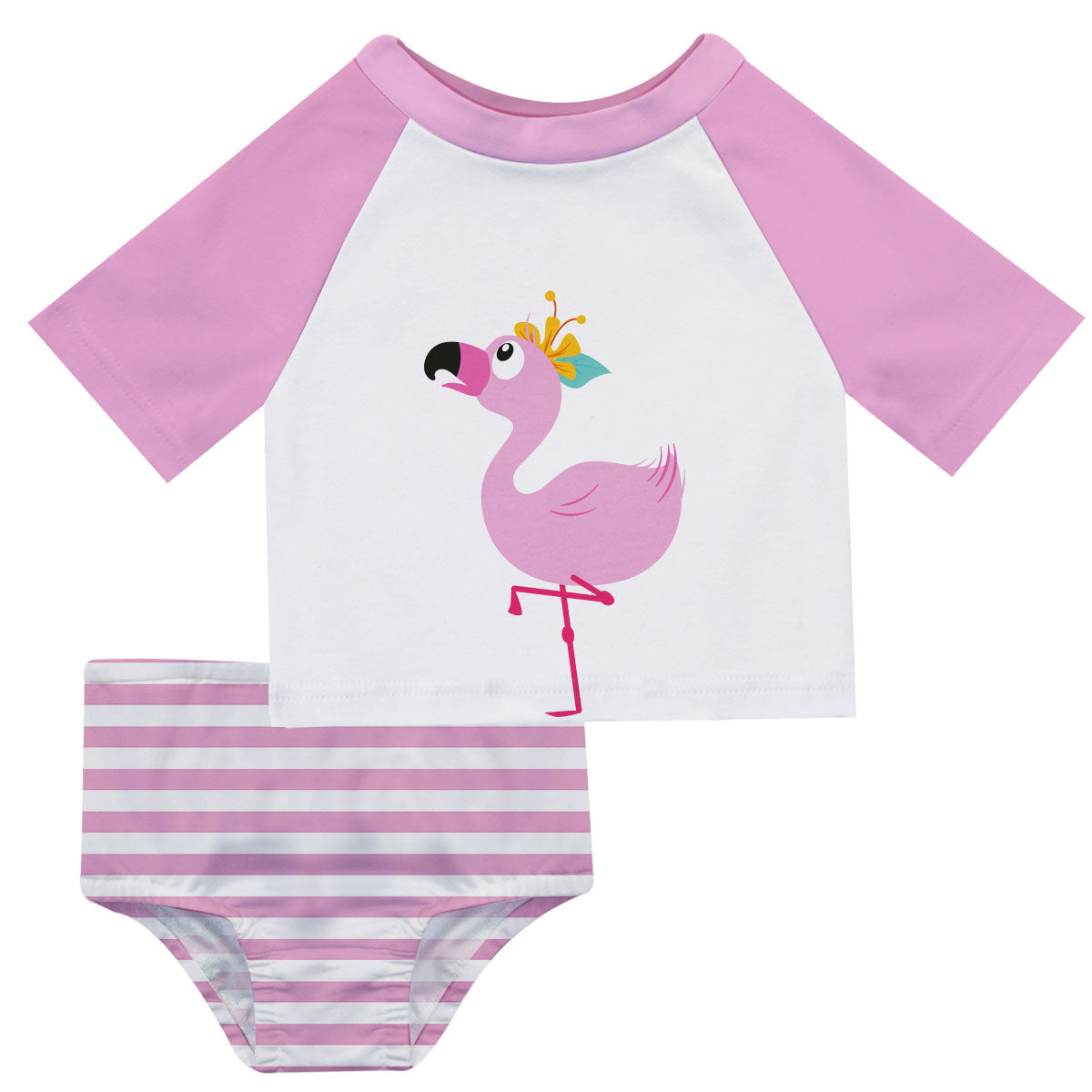 Flamingo Name White and Pink Stripes 2pc Short Sleeve Rash Guard - Wimziy&Co.