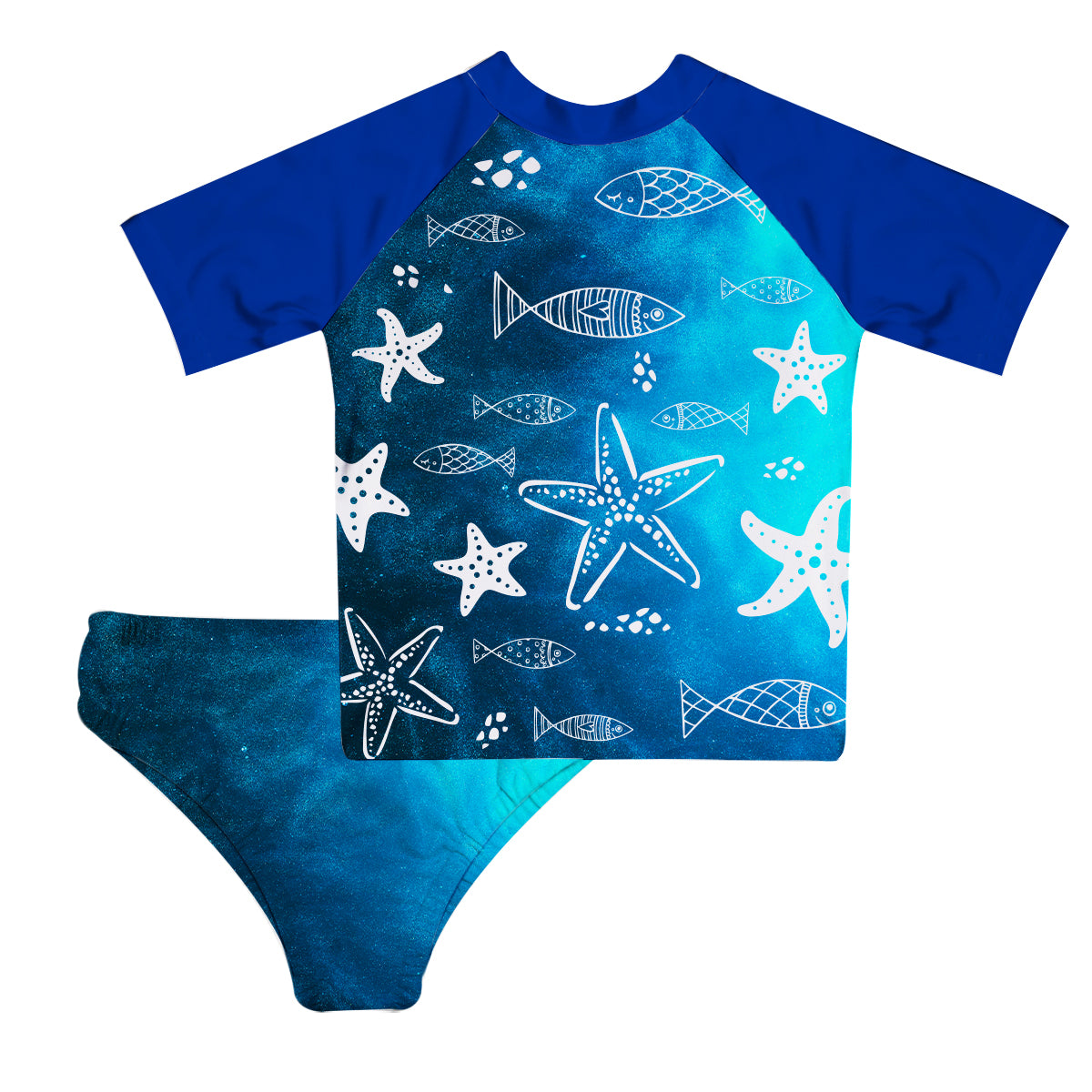 Fish and Starfish Blue Degrade 2pc Short Sleeve Rash Guard