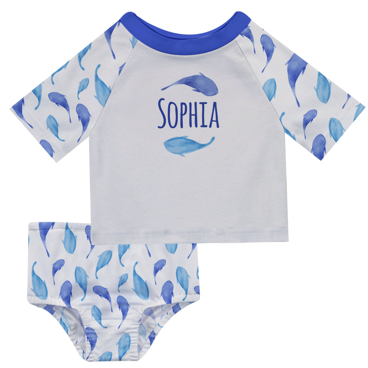 Fish Name Print White 2pc Shorts Sleeve Rash Guard - Wimziy&Co.