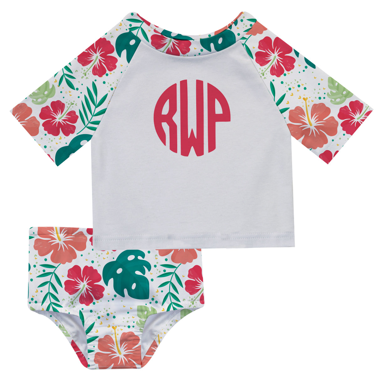 Flowers Monogram White 2pc Short Sleeve Rash Guard - Wimziy&Co.
