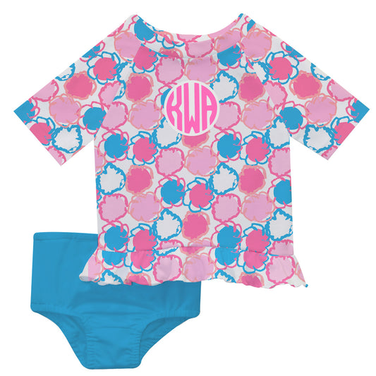Fowers Print Monogram White and Blue 2pc Short Sleeve Rash Guard - Wimziy&Co.
