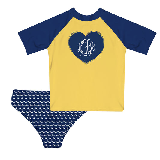 Mermaid Personalized Monogram Yellow and Navy 2pc Short Sleeve Rash Guard