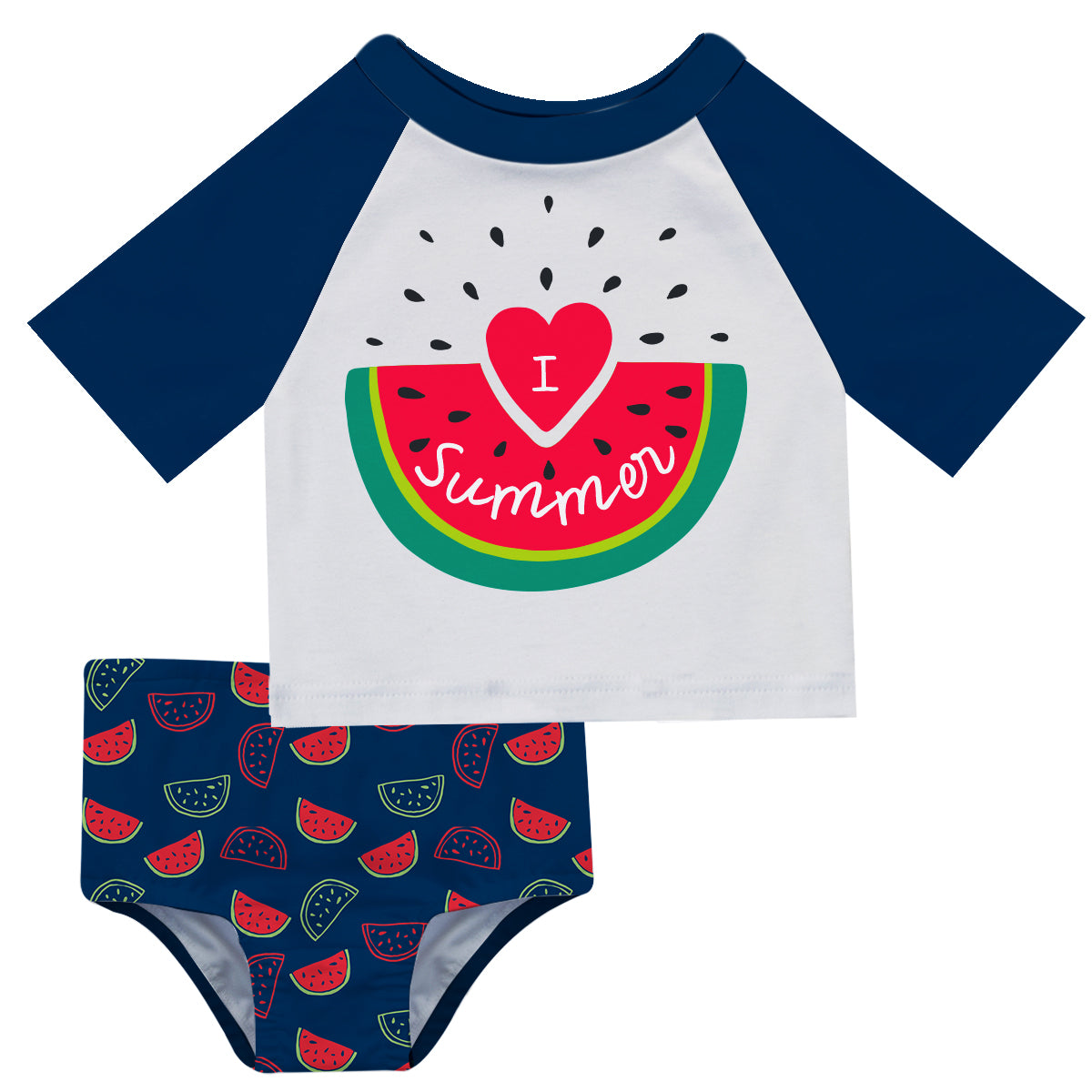 I Love Summer Watermelon White and Navy 2pc Short Sleeve Rash Guard - Wimziy&Co.