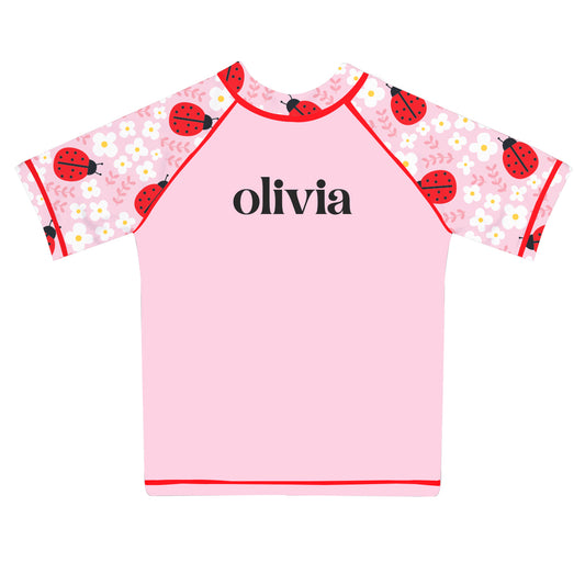 Ladybugs Personalized Name Pink Short Sleeve Rash Guard