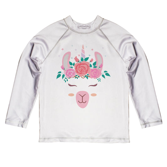 White llama face long sleeve girls rash guard - Wimziy&Co.