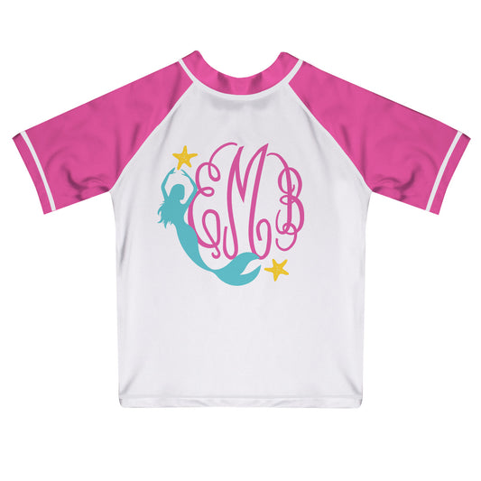 Mermaid Monogram White and Pink Short Sleeve Rash Guard - Wimziy&Co.