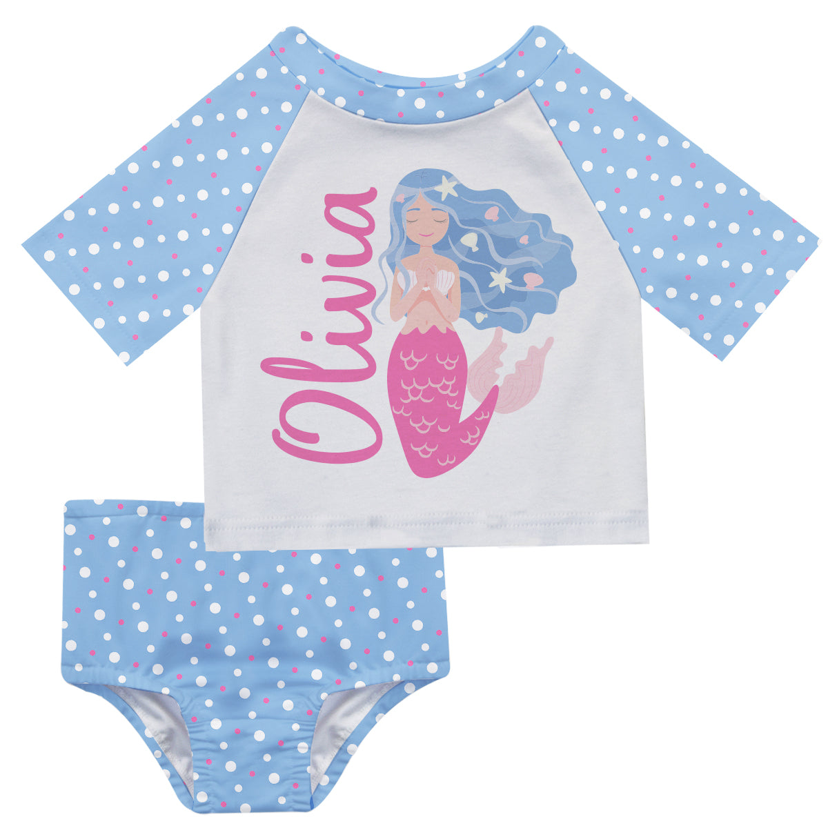 Mermaid Name White and Light Blue Polka Dots 2pc Short Sleeve Rash Guard - Wimziy&Co.