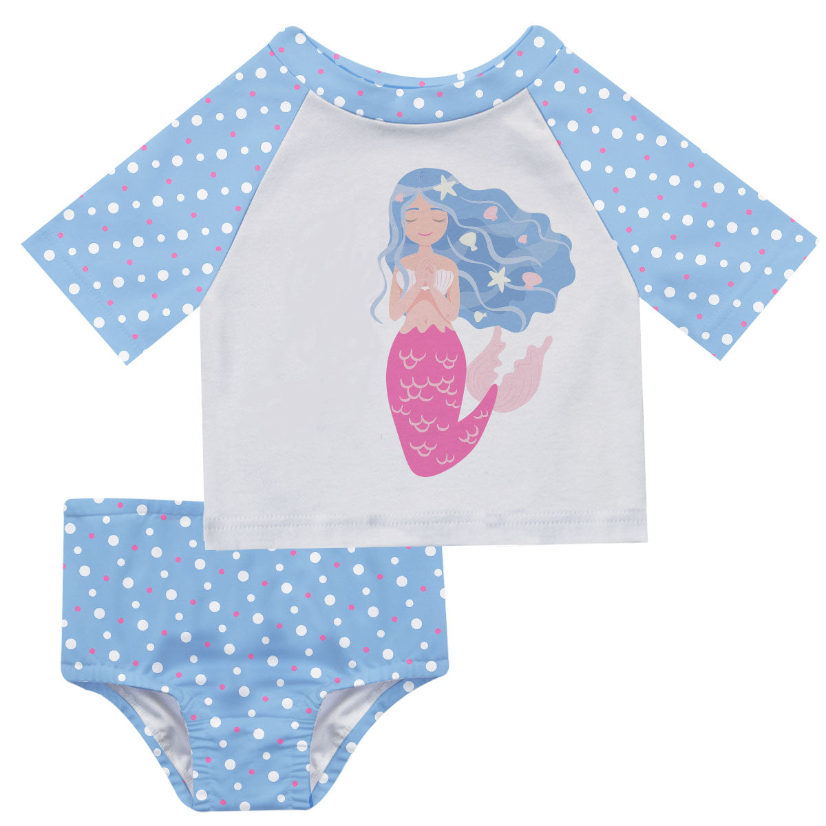 Mermaid Name White and Light Blue Polka Dots 2pc Short Sleeve Rash Guard - Wimziy&Co.