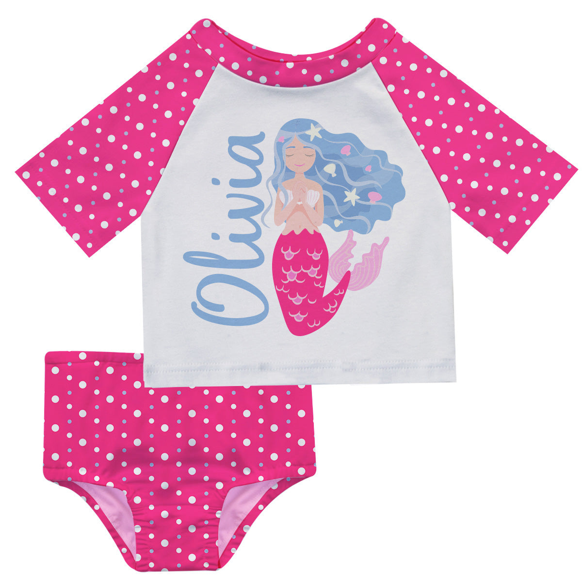 Mermaid Name White and Pink 2pc Short Sleeve Rash Guard - Wimziy&Co.