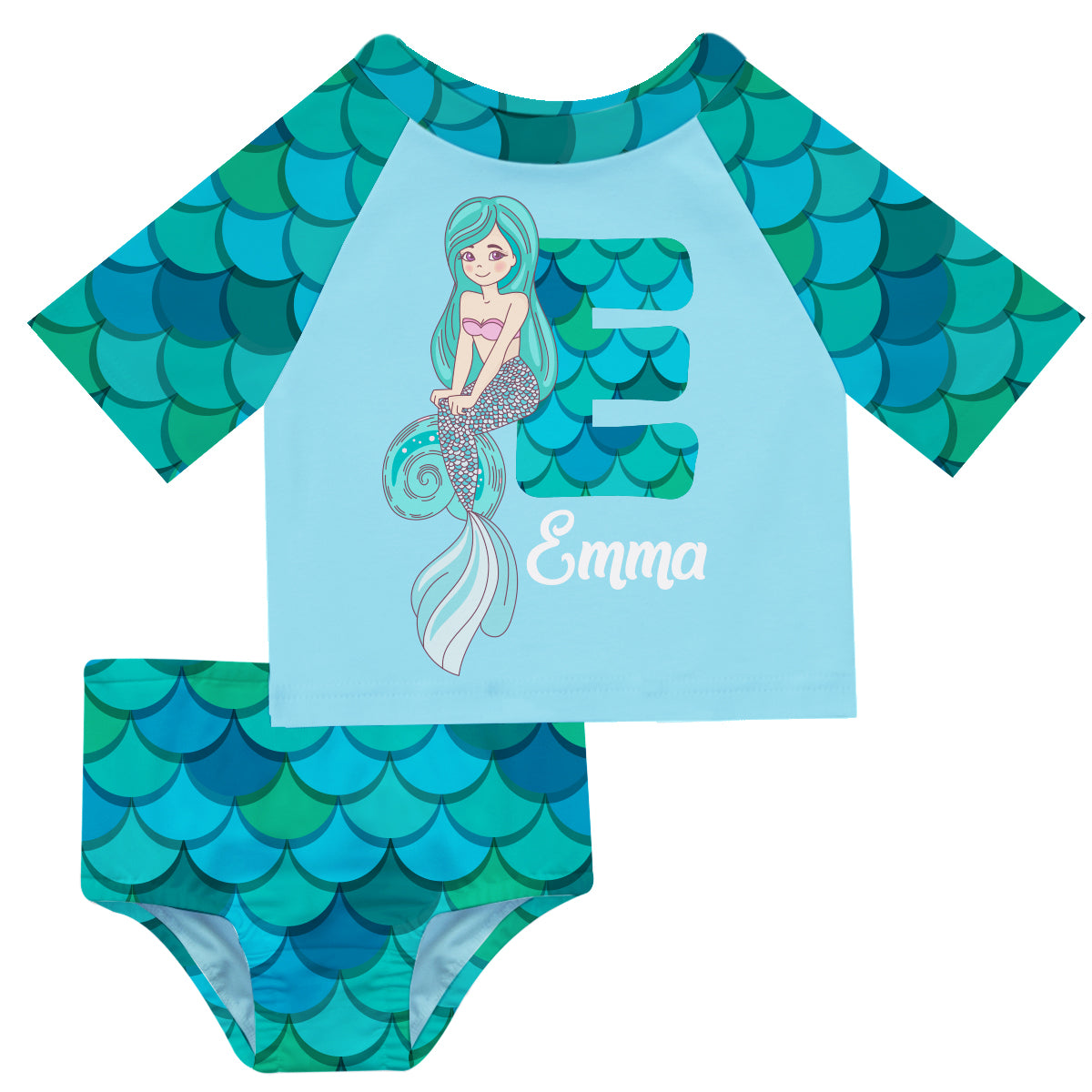 Mermaid Initial and Name Aqua 2pc Short Sleeve Rash Guard - Wimziy&Co.
