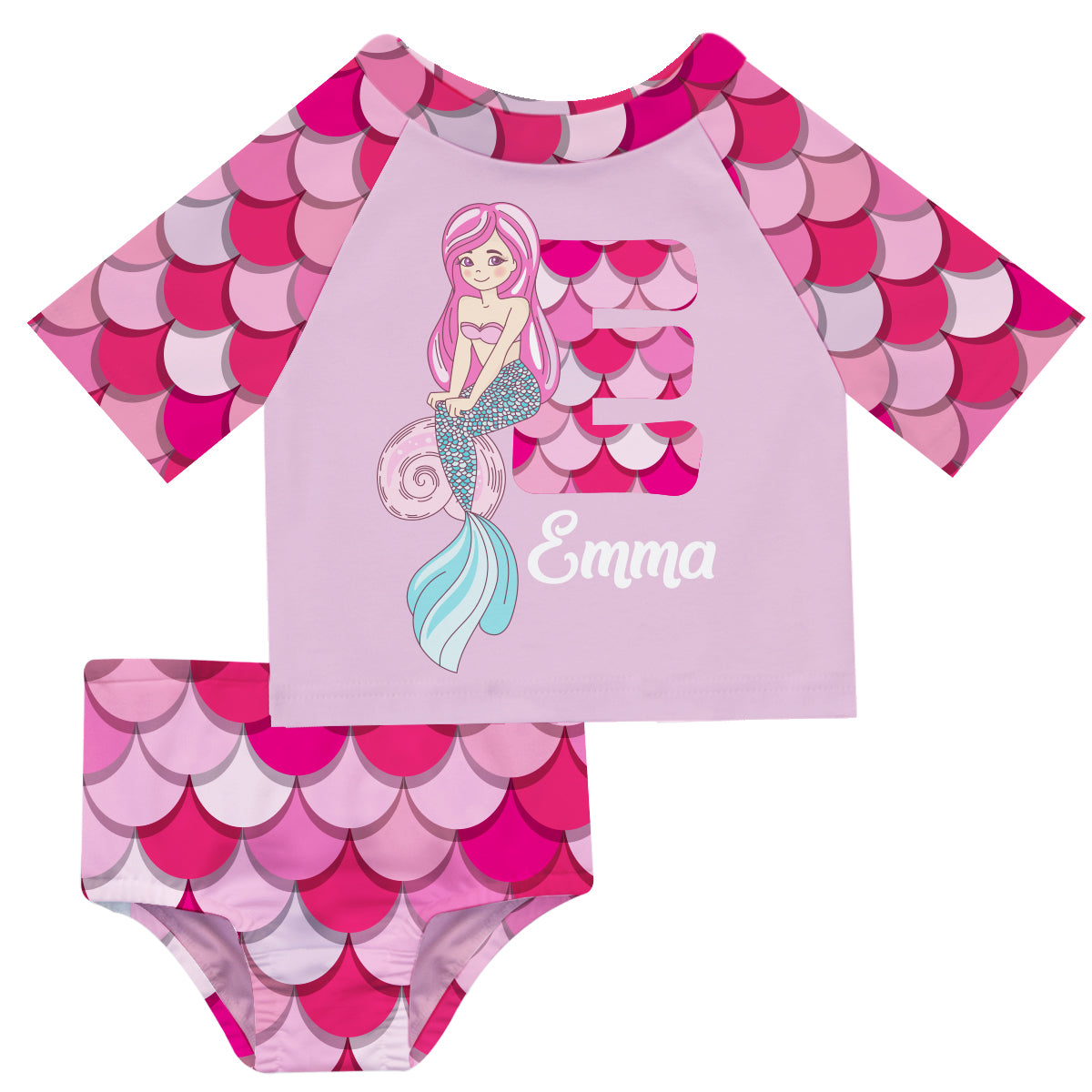 Mermaid Initial and Name Pink 2pc Short Sleeve Rash Guard - Wimziy&Co.