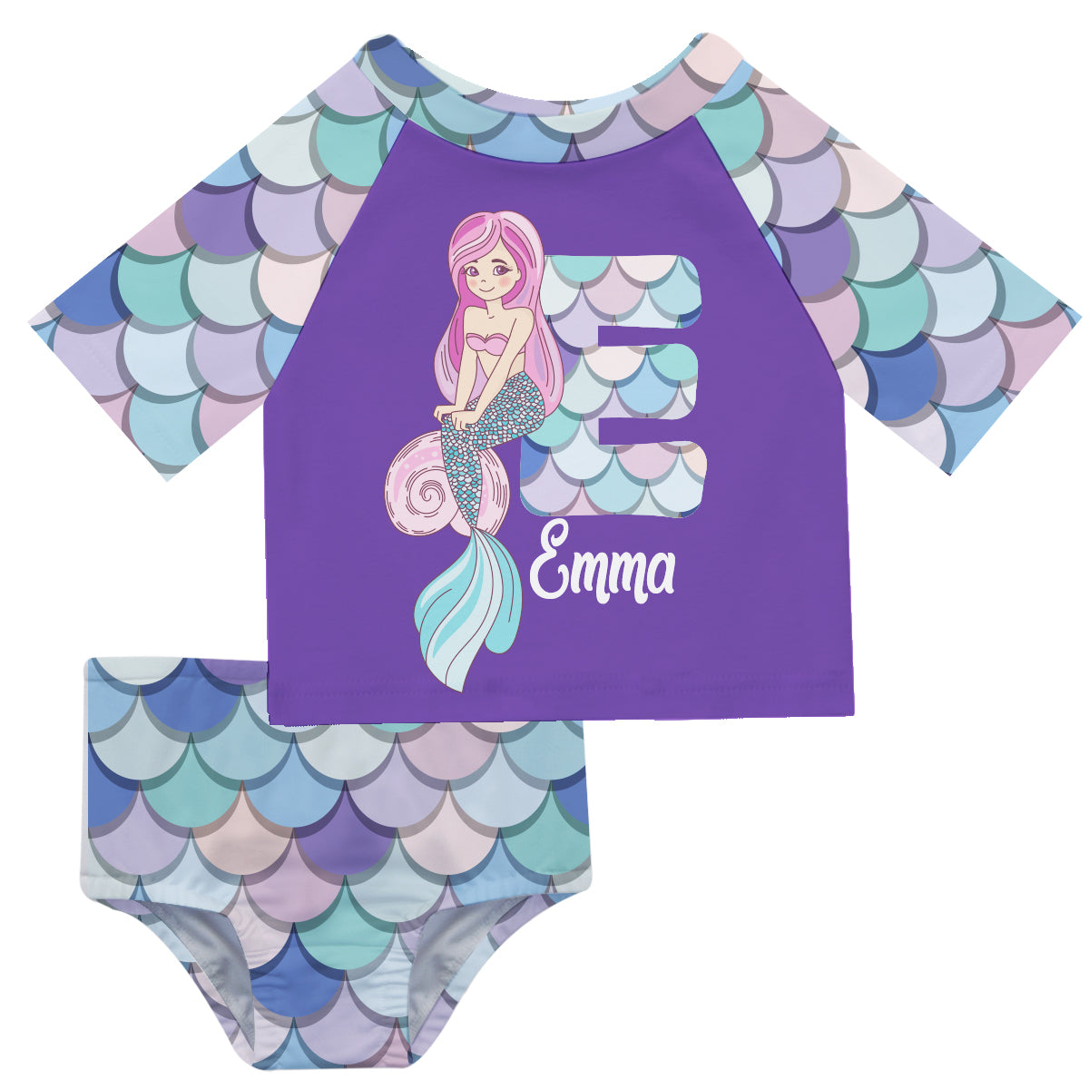 Mermaid Initial and Name Purple 2pc Short Sleeve Rash Guard - Wimziy&Co.