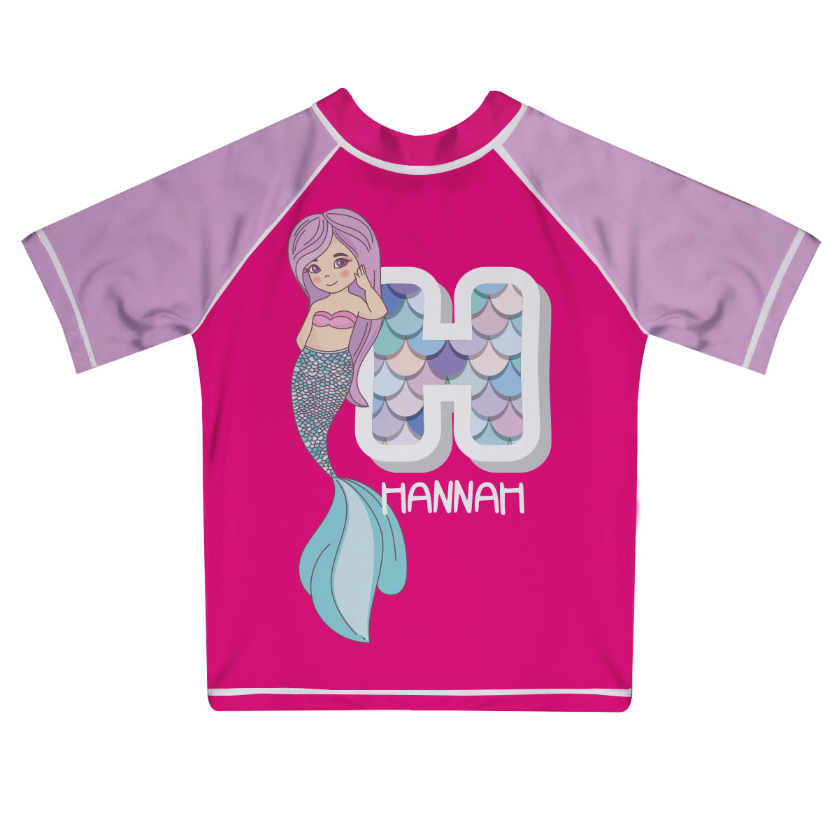Mermaid Initial and Name Pink and Purple Short Sleeve Rash Guard - Wimziy&Co.