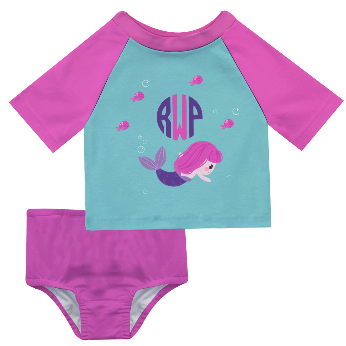 Mermaid Monogram Blue and Pink 2pc Short Sleeve Rash Guard - Wimziy&Co.