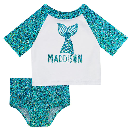 Mermaid Name White and Turquoise Glitter 2pc Short Sleeve Rash Guard - Wimziy&Co.