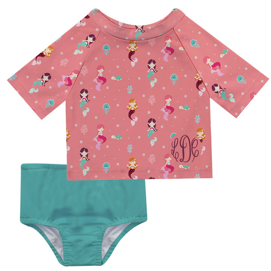 Mermaid Print Monogram Coral and Turquoise 2pc Short Sleeve Rash Guard - Wimziy&Co.