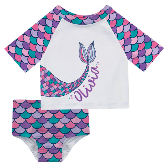 Mermaid Name White Pink and Purple 2pc Short Sleeve Rash Guard - Wimziy&Co.