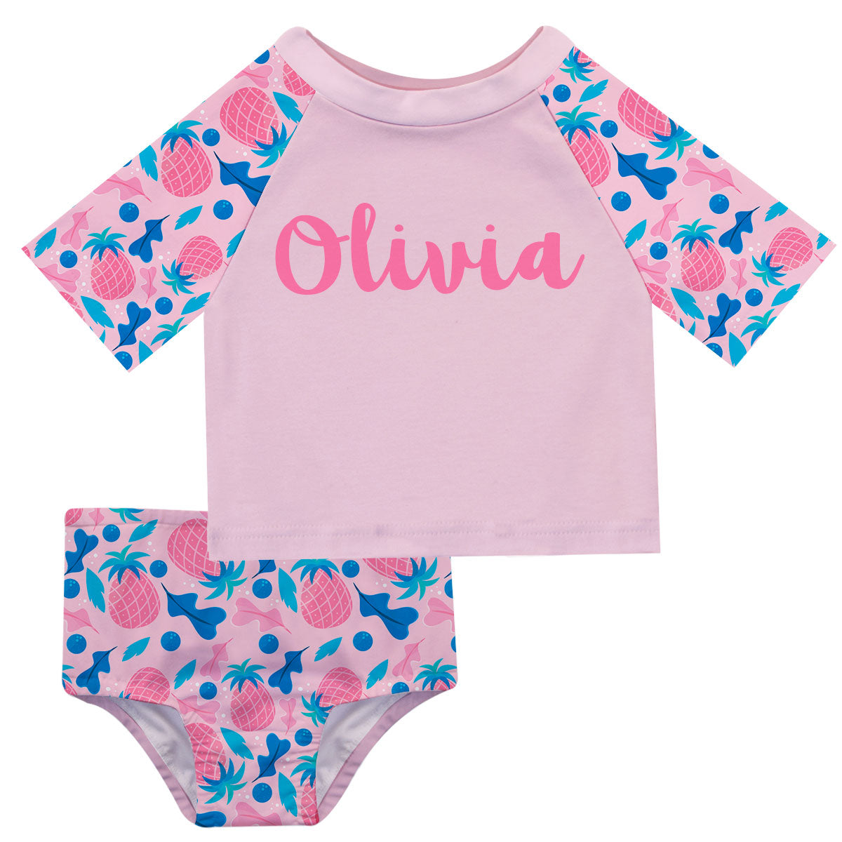 Pineapple Print Name Pink 2pc Short Sleeve Rash Guard
