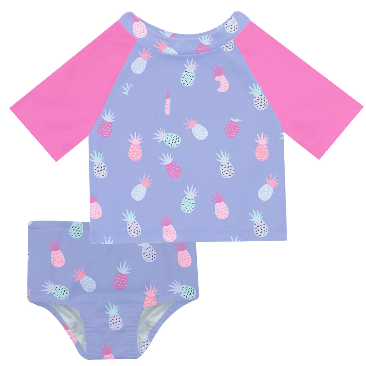Pineapples Print Name Purple and Pink 2pc Short Sleeve Rash Guard - Wimziy&Co.