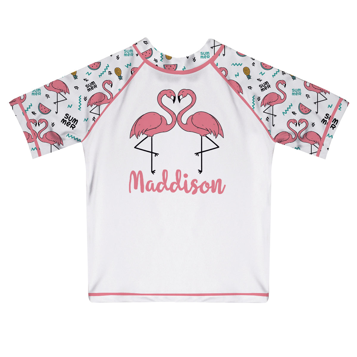 Flamingo Print Name White Short Sleeve Rash Guard - Wimziy&Co.