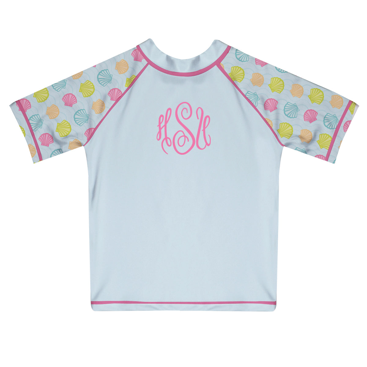 Seashells Monogram Light Blue Short Sleeve Rash Guard - Wimziy&Co.