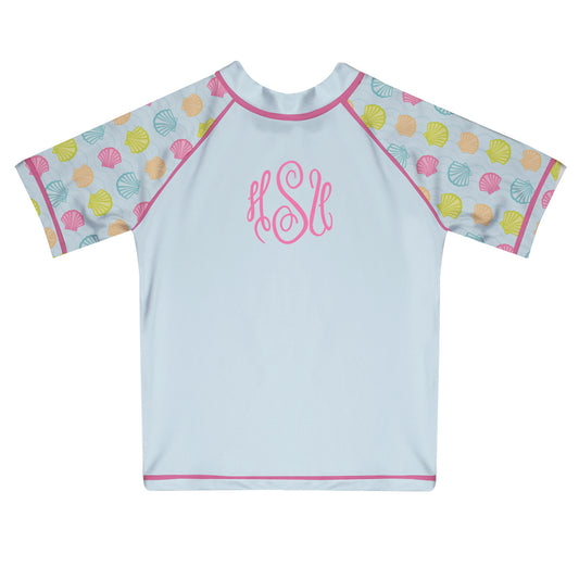 Seashells Monogram Light Blue Short Sleeve Rash Guard - Wimziy&Co.